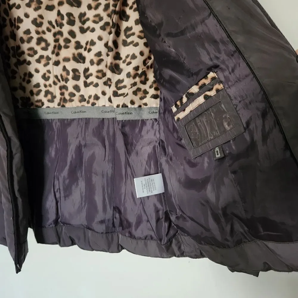 Calvin Klein Women's Dark Gray Hooded Puffer Jacket Zip Front Pockets Size Med